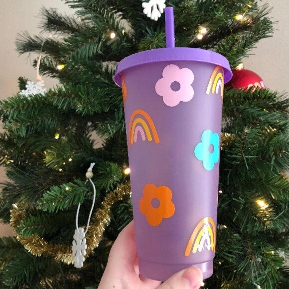 Boho Rainbow & Flower Retro Color Changing Tumbler  24 Oz - Picture 2 of 2